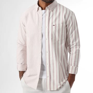 Tommy Jeans - Chemise Manches Longues A Rayures Patchwork Stripe 1697 Blanc Rose