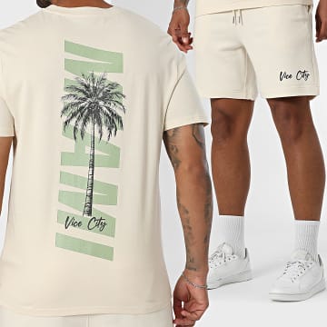 Luxury Lovers - Miami Palm - Set di maglietta e pantaloncini da jogging beige e verde kaki