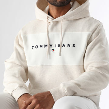 Tommy Jeans - Felpa con cappuccio con logo lineare a blocchi di colore 1932 Beige Heather White