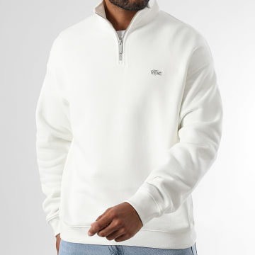 Lacoste - Sweat Col Zippé Loose Fit Logo Brodé Crocodile Ton Sur Ton Blanc