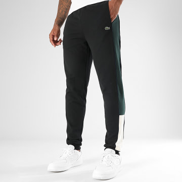 Lacoste - Pantalon Jogging A Bandes Logo Brodé Crocodile Noir Vert Bouteille