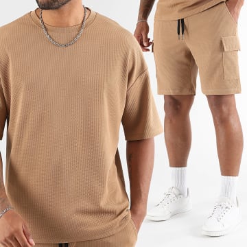 LBO - Ensemble Tee Shirt Large Et Short Cargo Texturé Waffle 2070 Camel
