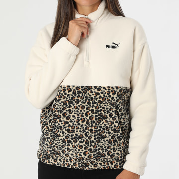 Puma - Sudadera de mujer Essential Graphic Animal Crew Fleece Sweatshirt Zipped Neck 688083 Beige Leopardo
