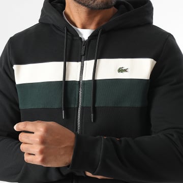 Lacoste - Sweat Zippé Capuche Logo Brodé Crocodile Noir Vert Beige