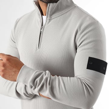 LBO - Pull Col Demi Zip Waffle Avec Patch 3827 Gris Clair