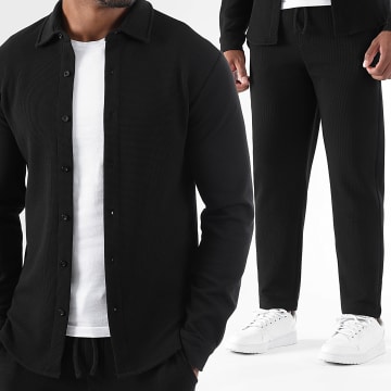 LBO - Waffle 3942 Zwart Shirt met Lange Mouw en Joggingbroek Set