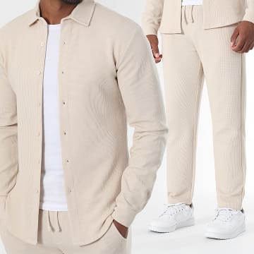 LBO - Waffle 3944 Long Sleeve Shirt and Jogging Pants Set Light Beige