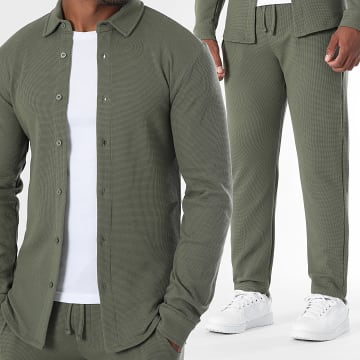 LBO - Waffle 3946 Khaki Groen Shirt met Lange Mouw en Joggingbroek Set