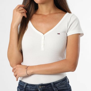 Tommy Jeans - Tee Shirt Col V Boutonné Femme Henley Waffle 0902 Blanc