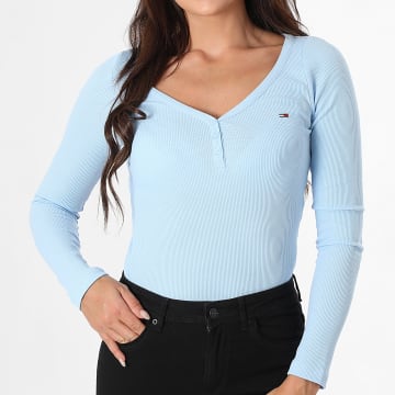Tommy Jeans - Tee Shirt Col V Boutonné Femme Henley Waffle 0903 Bleu Clair