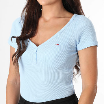 Tommy Jeans - Tee Shirt Col V Boutonné Femme Henley Waffle 0902 Bleu Clair