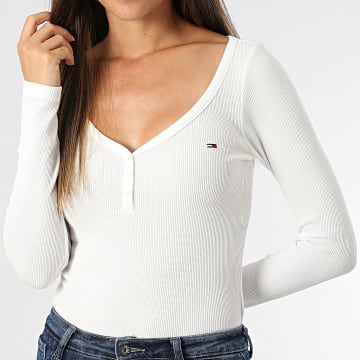Tommy Jeans - Tee Shirt Col V Boutonné Femme Henley Waffle 0903 Blanc