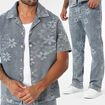 Frilivin - X59 Azul Denim Floral Camisa De Manga Corta Y Conjunto Jeans