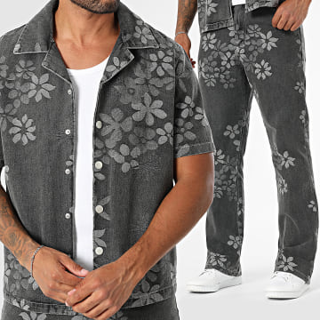 Frilivin - Conjunto de camisa de manga corta y vaqueros X59 Gris Floral