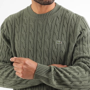 Lacoste - Strickpullover mit gesticktem Krokodil-Logo Classic Fit Khaki-Grün