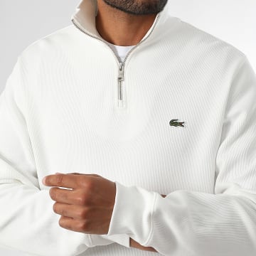 Lacoste - Sudadera blanca con logo bordado de cocodrilo y cuello con cremallera