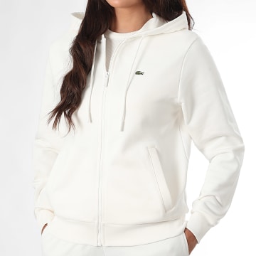 Lacoste - Sweat Capuche Zippé Femme Relaxed Fit Logo Brodé Crocodile Blanc