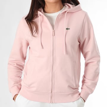 Lacoste - Sweat Capuche Zippé Femme Relaxed Fit Logo Brodé Crocodile Rose