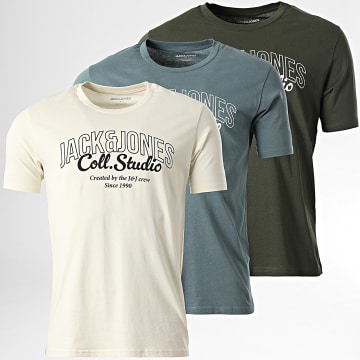 Jack And Jones - Set van 3 Makoto Beige Groen Khaki Grijs Blauw T-shirts