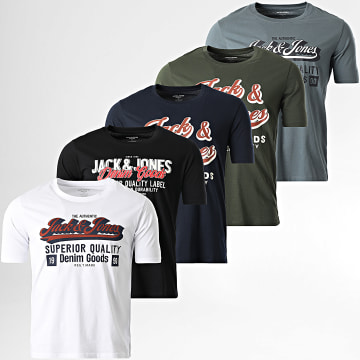 Jack And Jones - Pack De 5 Camisetas Con Logo Blanco Negro Verde Caqui Azul Marino Gris
