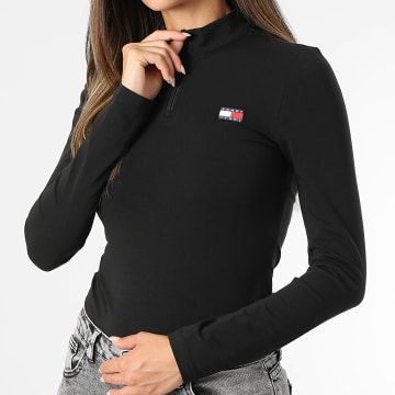 Tommy Jeans - Tee Shirt Manches Longues Col Zippé Femme Badge 1567 Noir
