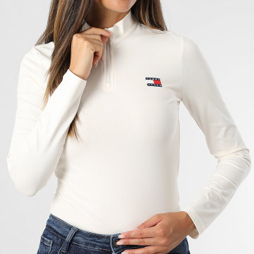 Tommy Jeans - Tee Shirt Manches Longues Col Zippé Femme Badge 1567 Beige Clair
