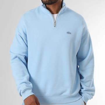Lacoste - Sweat Col Zippé Loose Fit Logo Brodé Crocodile Ton Sur Ton Bleu Clair
