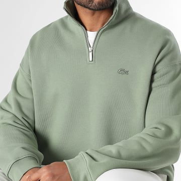 Lacoste - Sweat Col Zippé Loose Fit Logo Brodé Crocodile Ton Sur Ton Vert