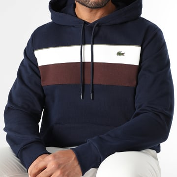 Lacoste - Sweat Capuche Classic Fit Logo Brodé Crocodile Bleu Marine Marron Blanc