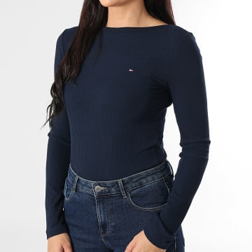 Tommy Hilfiger - Tee Shirt Manches Longues Côtélé Femme Rib Boat 7309 Bleu Marine