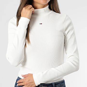 Tommy Jeans - Tee Shirt Manches Longues Col Montant Femme Essential 9830 Blanc