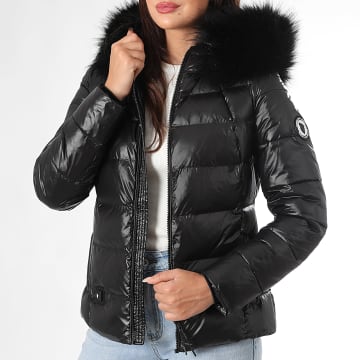 Comme Des Loups - Glänzende Daunenjacke Kapuze Wärmender Pelz Frau Budapest Schwarz
