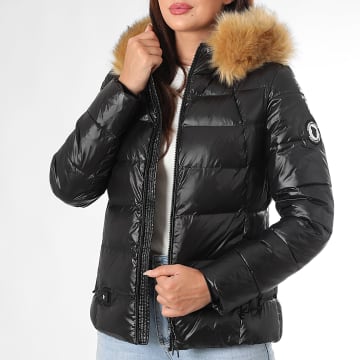 Comme Des Loups - Glänzende Daunenjacke Kapuze Wärmender Pelz Frau Budapest Schwarz Braun