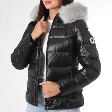 Comme Des Loups - Glänzende Daunenjacke Kapuze Wärmender Pelz Frau Budapest Schwarz Grau