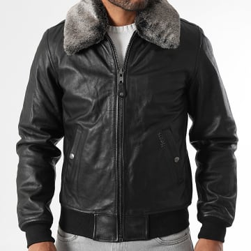 Schott NYC - Cazadora de piel con cuello de borrego LC930D Negro