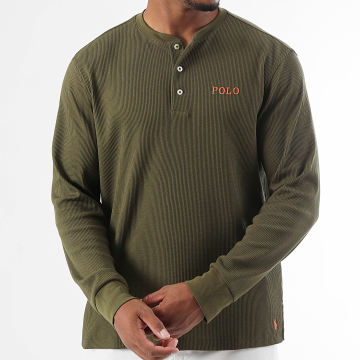 Polo Ralph Lauren - Tee Shirt Manches Longues Texturé Waffle Logo Vert Kaki