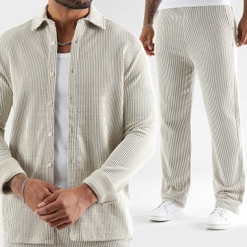 LBO - Conjunto de camisa de manga comprida e calças de perna larga com riscas texturadas 3962 Bege Verde