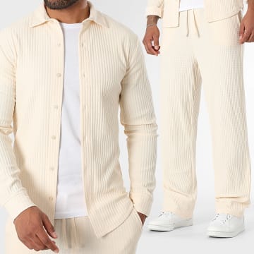 LBO - Ensemble Chemise Manches Longues Et Pantalon Large Texturé 3968 Beige