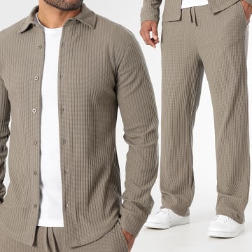 LBO - Shirt met lange mouwen en broek met wijde pijpen met structuur 3969 Bruin