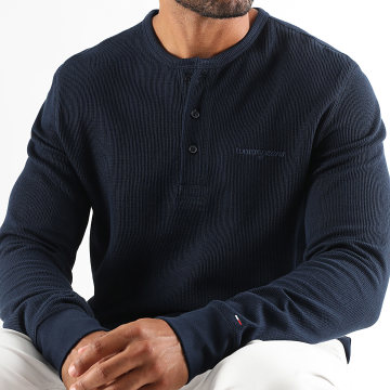 Tommy Jeans - Tee Shirt Manches Longues Slim Waffle Script Henley 1812 Bleu Marine