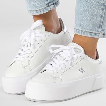 Calvin Klein - Baskets Femme Flatform Lace Up Leather Met 1929 Bright White Silver