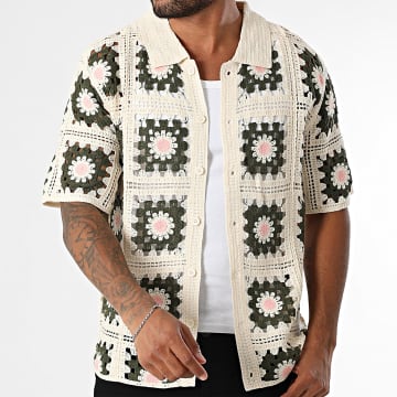 Frilivin - Camisa Calada Manga Corta 996 Beige Verde Caqui Floral