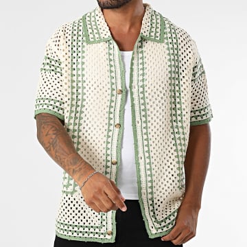 Frilivin - 881 Camisa de manga corta calada verde beige