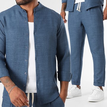 LBO - Conjunto de camisa de manga comprida e calças de efeito linho 2293 azul-marinho mosqueado