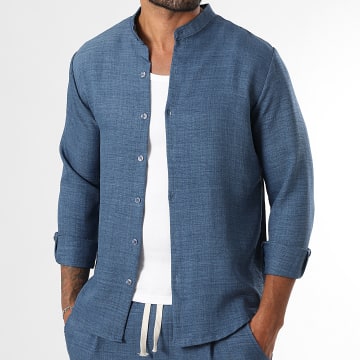 LBO - Chemise Manches Longues Effet Lin Col Officier 2296 LT Bleu Marine Chiné