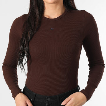 Tommy Jeans - Tee Shirt Manches Longues Slim Femme Essential Rib 7387 Marron