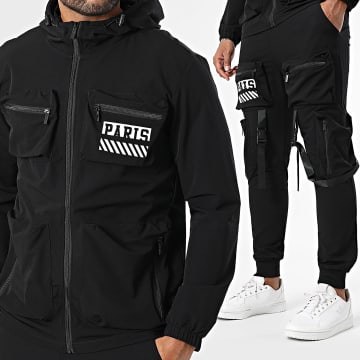 MTX - 538 Conjunto de chaqueta negra con capucha y cremallera y pantalón cargo
