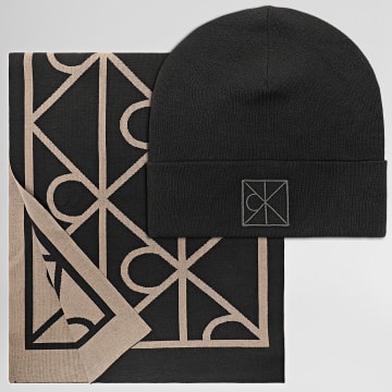 Calvin Klein - Lot Echarpe Et Bonnet Emblem Aop 007G Noir Marron Clair