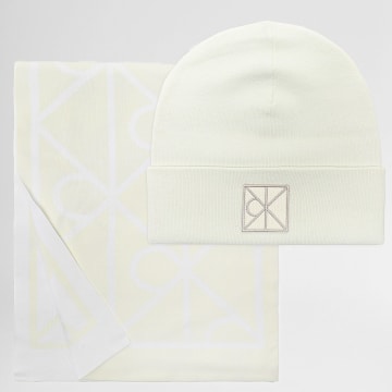 Calvin Klein - Lot Echarpe Et Bonnet Emblem Aop 007G Beige Clair Blanc