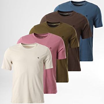 Jack And Jones - Juego De 5 Camisetas Brody Beige Claro Azul Marino Marrón Verde Caqui Rosa